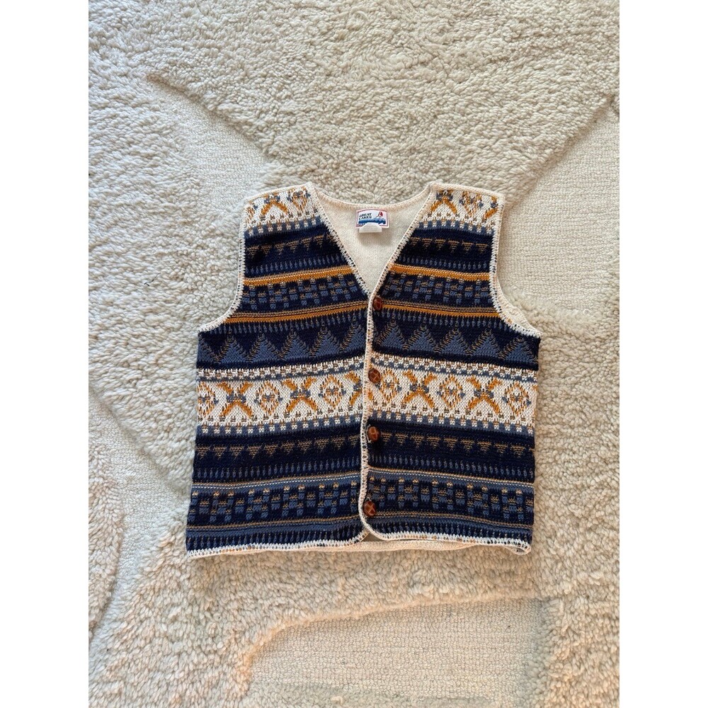Vintage 90s Great Lakes Knit Sweater Vest Nordic Fair Isle Button Up
